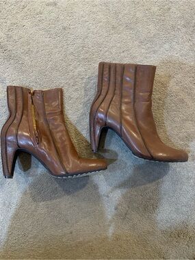Women's Brown Mid-Heel Ankle Booties with Side Zip